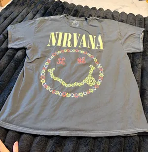 NIRVANA Gray Tee with Yellow Logo and Multicolor Floral Smile thumbnail 1