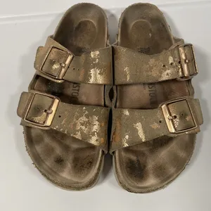 Birkenstock Arizona Suede Leather Sandals in Vintage Metallic Rose Copper Sz 38N thumbnail 2