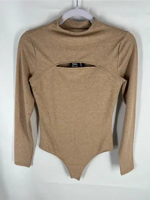 Express Body Contour Cozy Mock Neck Cutout Bodysuit Tan Size S NWT thumbnail 2
