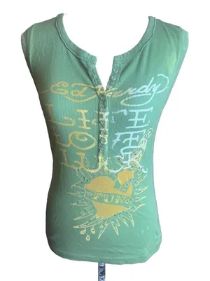 Ed Hardy Tank Top Size L Green Skull Heart Rhinestone Y2K Tattoo Krazy Love thumbnail 1