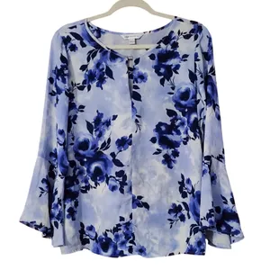Counterparts Womens Cottagecore Blouse Blue‎ Floral Bell Sleeve Large thumbnail 1
