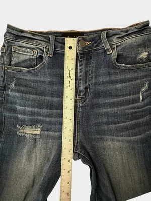 Risen Jeans Women’s 9/29 Mid Rise Distressed Bootcut Jeans Raw Hem Stretch Denim thumbnail 11