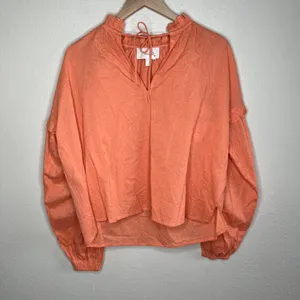 Cleobella Organic Cotton Orange Textured Long Sleeve Tie Neck Tunic Blouse S thumbnail 2