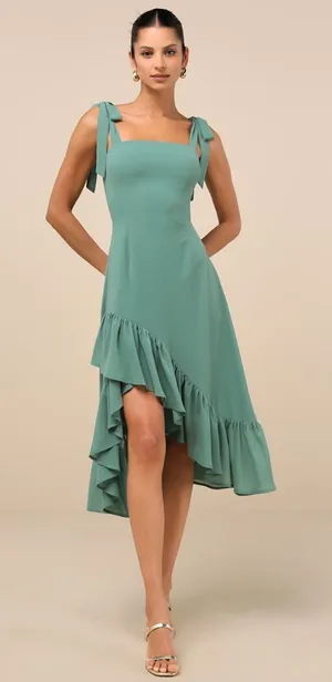 Lulus Tamryn Dark Sage Asymmetrical Ruffled Midi Dress Dance Bridesmaid Medium thumbnail 1