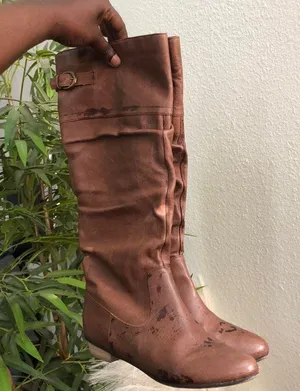 RARE Unique Genuine Leather Brown knee-high western Cowboy Cowgirl Cow Paint Splatter boots kitten block heel Slouch Ruched Scrunched Round Toe #hippie #indie Women 7.5M Measurement in pics thumbnail 1
