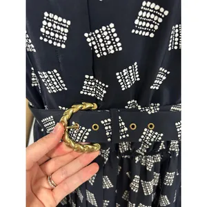 Leslie Fay Vintage Navy Blue Geometric Dot Pleated Midi Dress with Belt Size 14W thumbnail 4