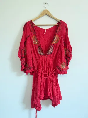 Free People Cora Embroidered Mini Dress Size Large Red Floral Boho Beach thumbnail 2
