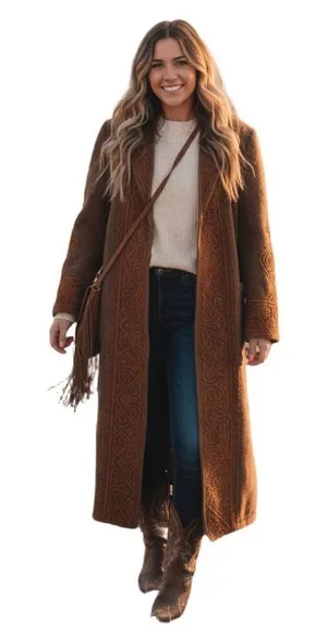Vintage Western boho handmade size L embroidered wool midi coat. Sash tie. thumbnail 1
