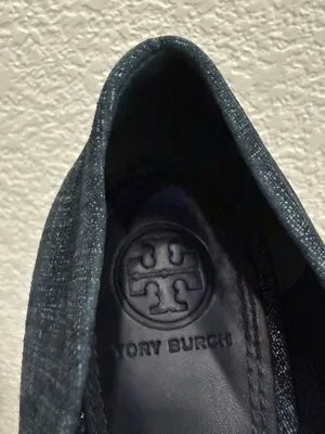 TORY BURCH Rosalind Navy Blue Denim Print Textured Suede Ballet Flats Size 8M thumbnail 14