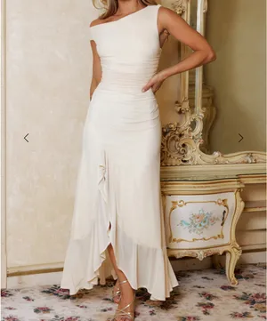 Dazzling Dreams Off Shoulder Mesh Maxi Dress Cream thumbnail 2