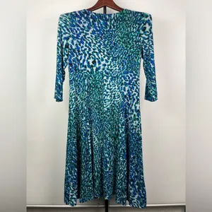 Maggy London Blue Green Animal Print 3/4 Sleeve Empire‎ Waist Fit & Flare Dress thumbnail 6