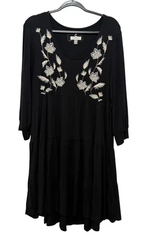Cupio Womens Black Floral Embroidered Tiered Long Sleeve Mini Dress Large thumbnail 1