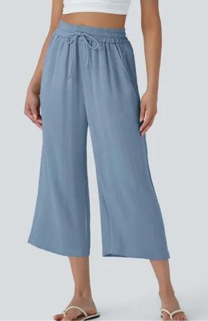 Halara Womens Wide Leg Pants Light Blue Elastic Waist Linen Feel Trousers S thumbnail 1