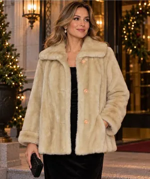 Vintage Dubrowsky & Joseph Faux Fur Coat Size 14 Cream Beige Plush Mod Jacket thumbnail 1