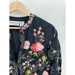 Bedford Fair Womens Black Floral Embroidery Cotton Flax‎ Button Down Jacket L thumbnail 4