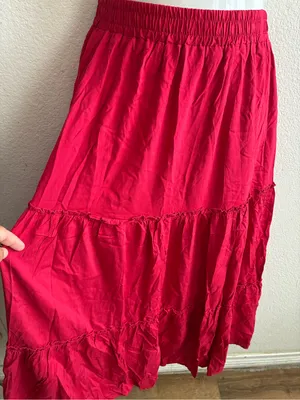 Tiered Pockets Solid Red Color High Waist Flowy Boho Mid Skirt M thumbnail 5