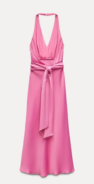 maxi dress pink satin effect floral tie scarf wedding party cocktail thumbnail 10