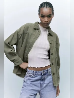 Zara Jacket Corduroy Overshirt Olive Green Women Size Large Oversized thumbnail 3