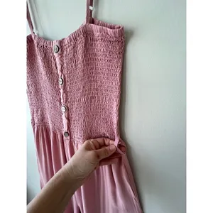 Jumpsuit Sz‎ L Smocked Stretch Pink Pull On Wide Leg High Rise Tank Cisono thumbnail 6