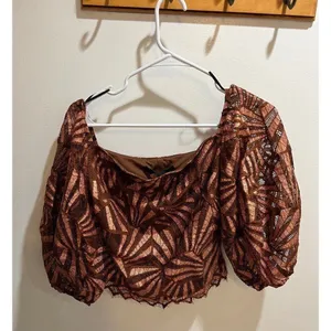 Anthropologie NWT Women XS Brown Metallic Geometric Print Blouse Glam Party Chic thumbnail 5