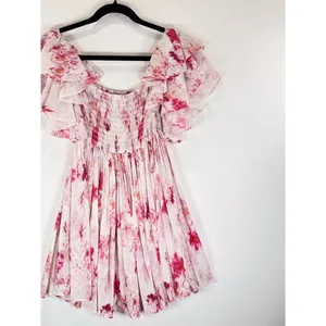 MISA Dress Pink Dina Mini Off Shoulder Smocked Abstract Rose Flowy Coquette XS thumbnail 7