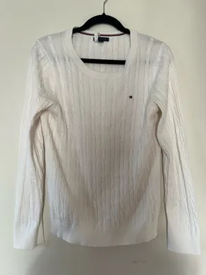Tommy Hilfiger Cable Knit Sweater Large White Preppy Tennis Old Money Cotton thumbnail 1