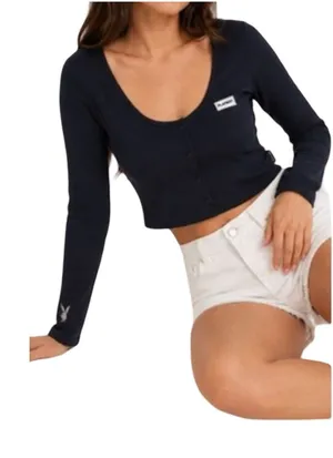 Playboy x Missguided Top Size 10 Blue Long Sleeve Ribbed Crop Top Y2K Sexy Logo thumbnail 1