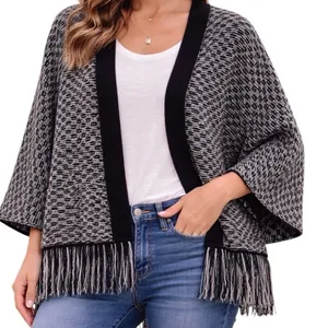 LOFT Wool Blend Fringe Cardigan Black White Open‎ Front Poncho Style Sweater Med thumbnail 1