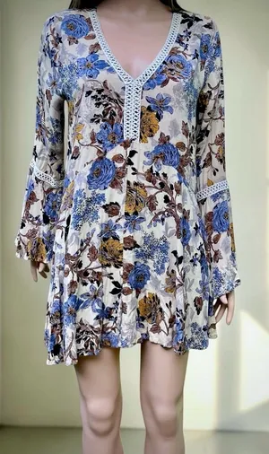 Umgee Floral Boho Tunic Mini Dress Large Bell Sleeve High Low Crochet Trim thumbnail 1