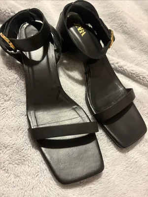 EUC Zara Black Square-Toe Ankle-Strap Heels with Block Heel Size 40 thumbnail 1