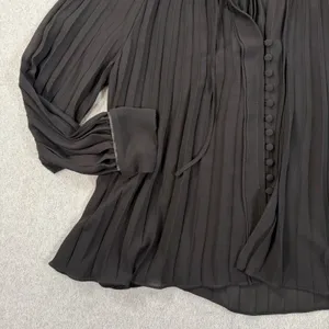 Zara Black Sheer Pleated Blouse Women's Medium Faux Leather Collar Button V-Neck thumbnail 4