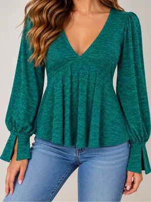 Free People Teal Green Heathered V-Neck Bishop Sleeve Pleated Top (S) thumbnail 1