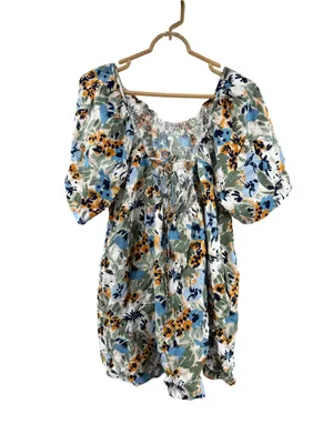 Emory Park smocked neckline flowy mini babydoll Dress S floral open back tie thumbnail 2