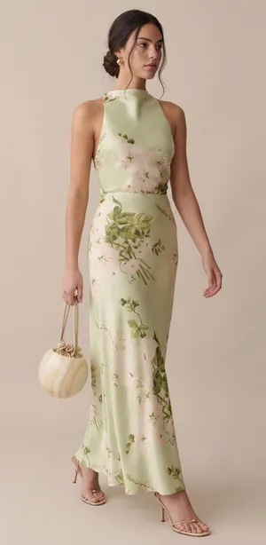 O.p.t. Few Moda Roslyn Size M Green Floral Silk Maxi Dress Few Moda thumbnail 1