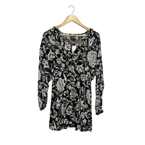 Zara Floral Print Ruffle Mini Dress Black White Long Sleeve V-Neck Size M NWT thumbnail 2