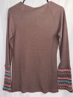 Earthbound Trading Co. Waffle Knit Long Sleeve Top Fair Isle Cuffs XL thumbnail 2