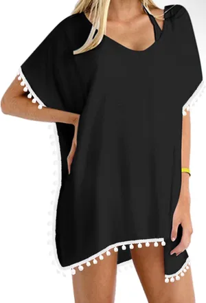 Chiffon Black Pompom Swimsuit Coverup thumbnail 1