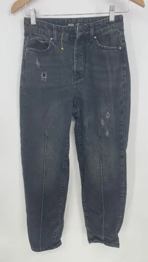 Zara Mom Jeans Size 0 Black‎ Faded High Rise Tapered Barrel Leg Pleated Q0004 thumbnail 1
