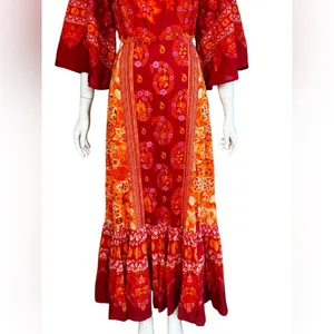 FARM Rio 100% Cotton Vibrant Red and Orange Long Sleeve Dress Size Medium thumbnail 9