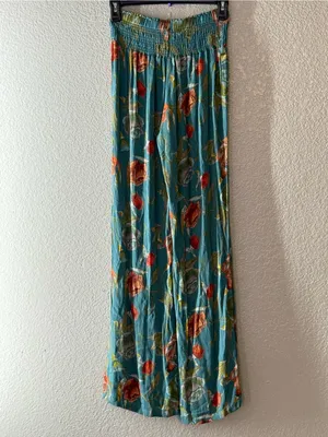 O’Neill Teal Floral Wide Leg Pants Smocked Waist Boho Resort Coastal Small Beach thumbnail 9