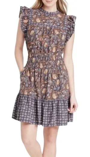 Universal Thread‎ Paisley Flutter Sleeve Dress Linen Blend Boho Pockets Size Med thumbnail 1