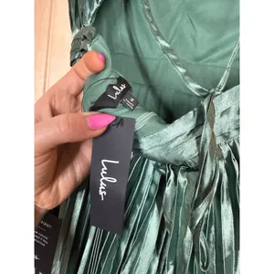 NWT Lulus Exceptional Drama Sage Green Satin Lace-Up Pleated Maxi Dress Bride M thumbnail 5