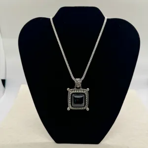 Vintage Premier Designs Silver Tone Black Stone Pendant Chain Necklace Stamped thumbnail 1