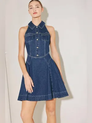 Flying Tomato Sleeveless Denim Fit-and-Flare Dress - Dark Blue Small thumbnail 3