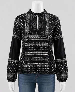 Rip Curl Womens Small Black White Geometric Print Mock Neck Keyhole Blouse Top‎ thumbnail 1