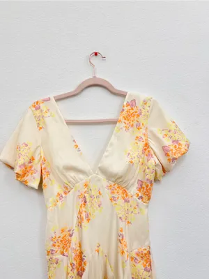 Free People Laura Yellow Floral Print Midi Dress Women's Small Boho Romantic thumbnail 5