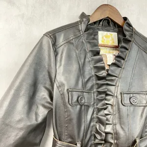 Wet Seal Womens Faux Leather Jacket XL Brown Ruffle Belted Y2K 2000s McBling thumbnail 5