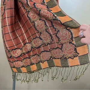 Pashmina & Silk Floral Patterned Scarf with Fringe Old Money Chic Classic thumbnail 4