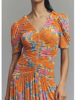 ANTHROPOLOGIE Farm Rio Short Sleeve Ruched Midi Dress Tropical Floral Size M NEW thumbnail 2