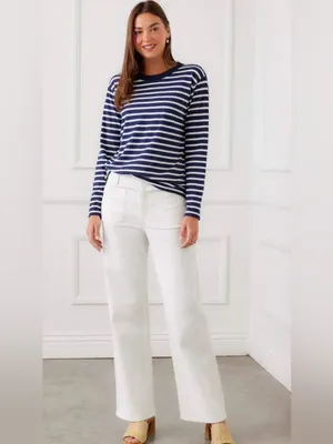 Karen Kane blue/white stripe jersey knit long sleeve top. Size Small. NWT. thumbnail 2